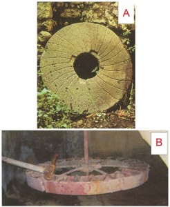 Photo 4. A_ Example of a millstone Fixed with grooves to allow the escape of the ground B_ Example waterwheel underground iron